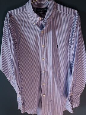 Polo by Ralph Lauren Men’s Blue and White Striped Button-Down Shirt